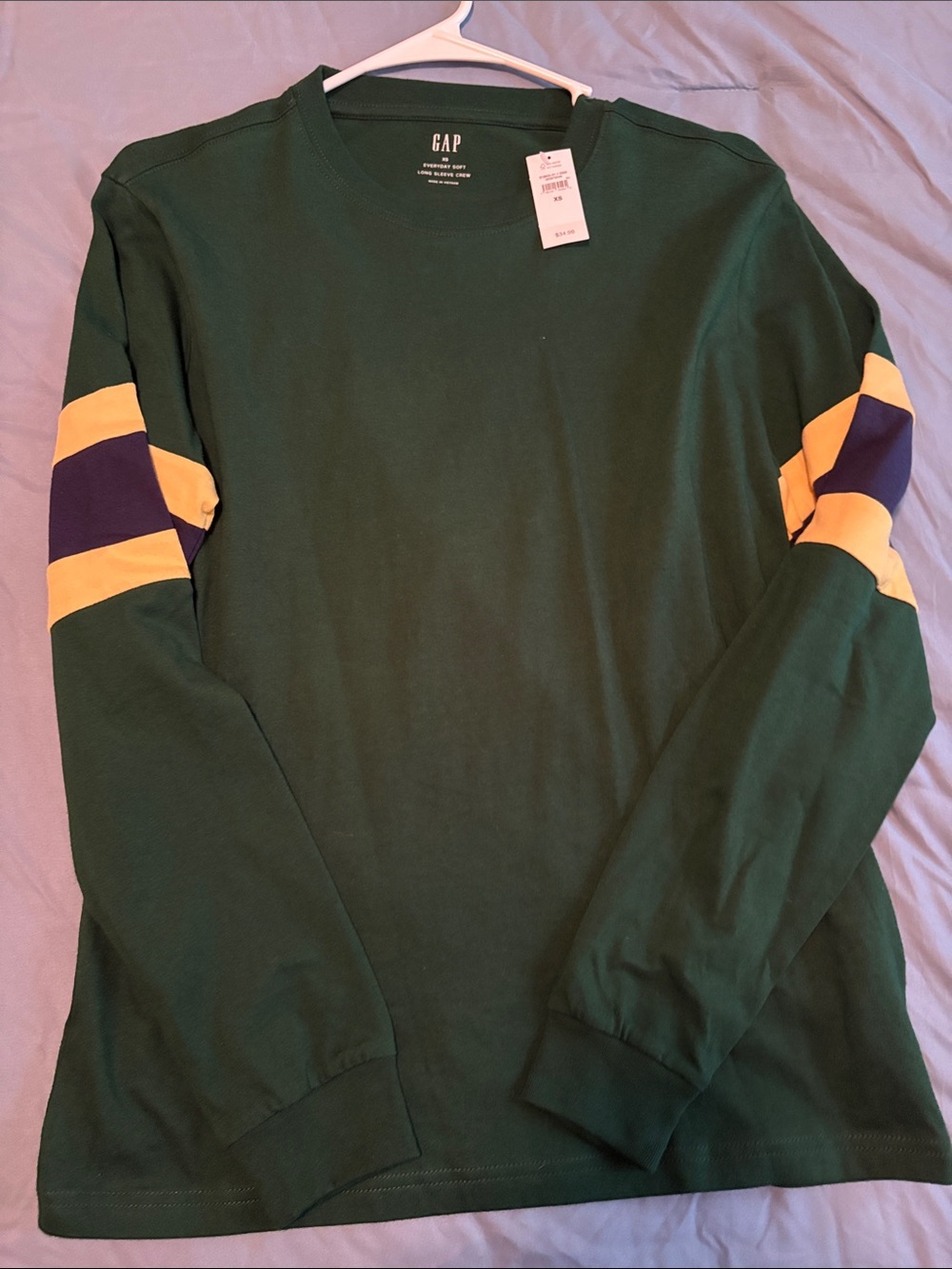 GAP Men's Dark Green Crewneck with Yellow and Navy Sleeve Stripes